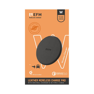 EFM Leather Wireless Charge Pad 15W Qi WPC Certified with USB Wall Adapter - Black